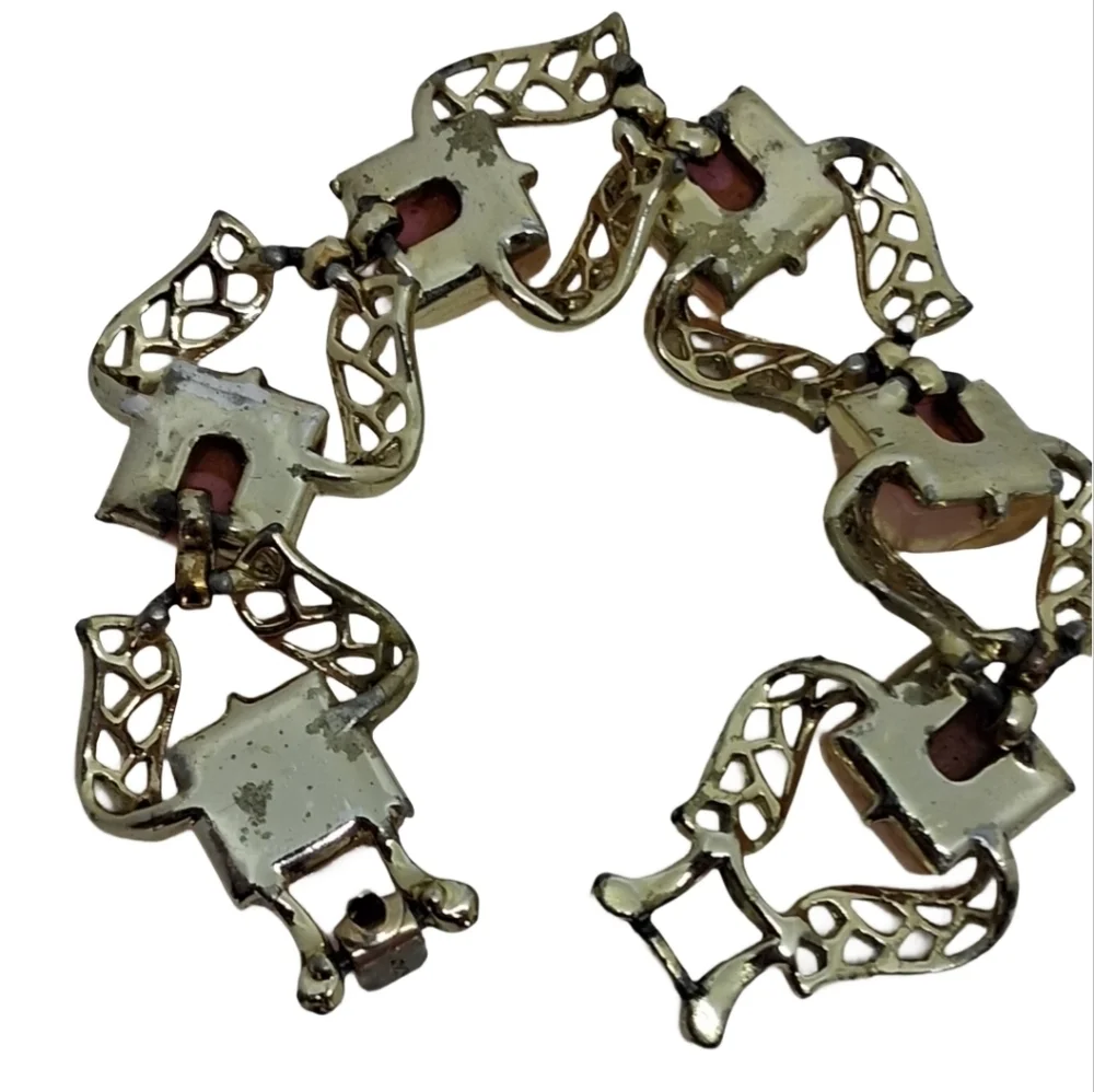 Vintage Coro Pink Confetti Lucite Bracelet Gold Tone Openwork Mid-Century Modern